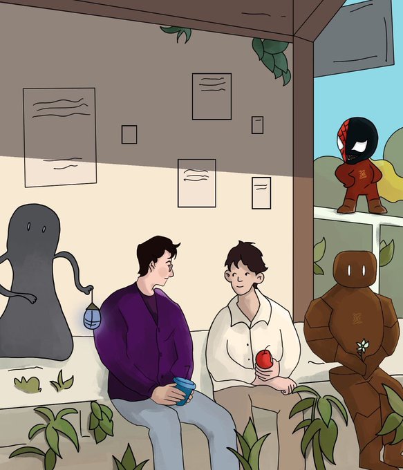 A digital illustration showing two young people sitting on a bench having a conversation, with one holding a blue cup and the other holding a red apple, surrounded by plants and stylized gray and brown character figures.