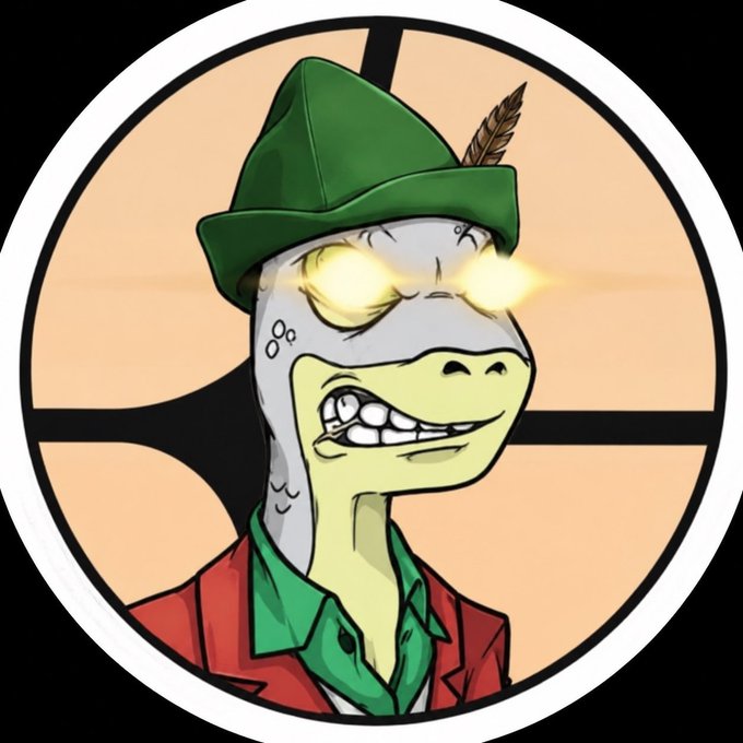 A cartoon turtle mascot wearing a green Robinhood-style hat with a feather and glowing yellow eyes, grinning confidently against a circular target background. The image ties to the post's "Robinhood" reference by doubling as a play on the famed "Woj Bomb" meme figure, celebrating the launch of Robinhood on-chain with the mascot's swaggering, undefeated expression embodying the "can't stop this train" energy.