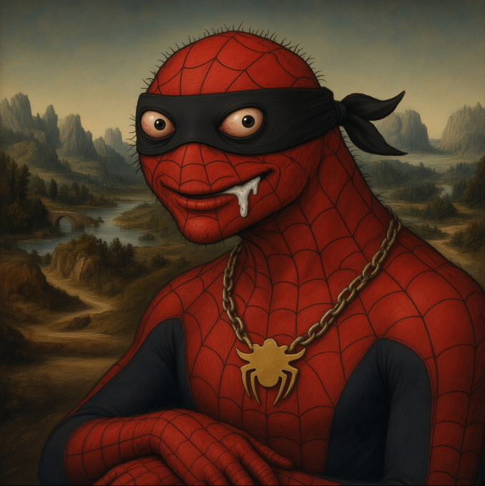 A surreal portrait of Spider-Man styled like a Renaissance painting, wearing a black bandana over his eyes, a gold chain with a spider pendant, and drooling, set against a mountainous landscape reminiscent of the Mona Lisa.