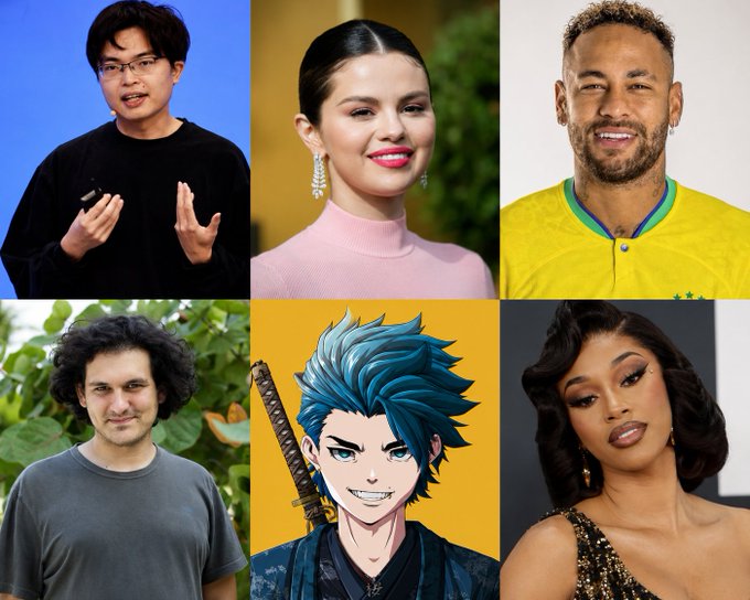 A 2x3 grid featuring photos of Yang Zhilin, Selena Gomez, and Neymar Jr. in the top row, with FTX founder Sam Bankman-Fried (SBF), an anime character, and Cardi B in the bottom row—illustrating a post comparing the net worths and backgrounds of various notable figures.