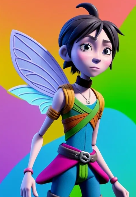 A 3D-rendered fairy character with black hair, translucent blue wings, and a colorful outfit stands against a vibrant rainbow background.