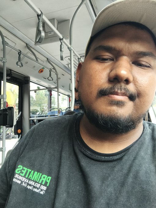 A selfie of a bearded man wearing a gray cap and a dark gray t-shirt with green text reading 'PRIVATES 100 Solem Mature' inside a bus.