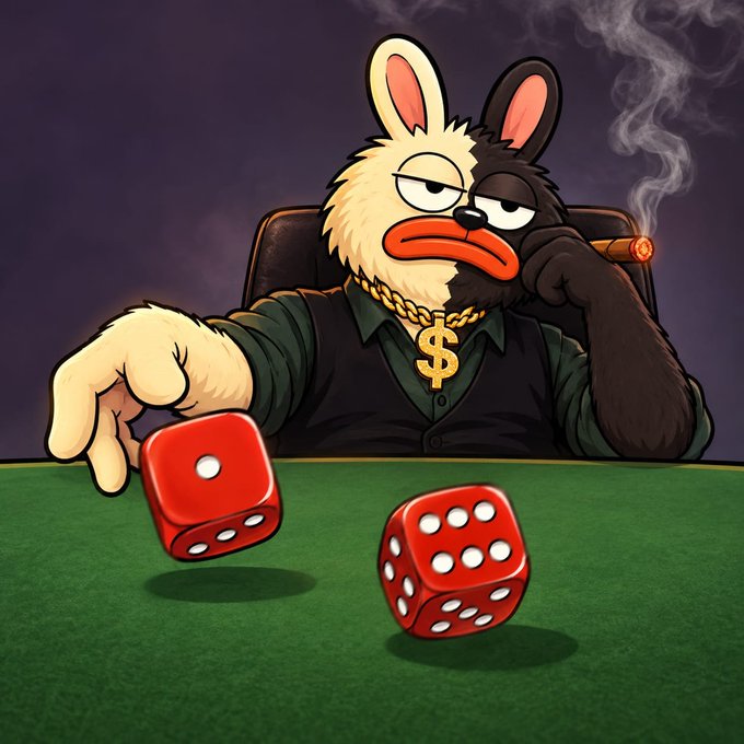 A cartoon rabbit with half-black fur, wearing a gold "$" chain and smoking a cigar, appears as a shady "high roller" tossing red dice on a green felt table — visually echoing the post's risky, all-or-nothing crypto giveaway vibe where users are asked to drop their wallets for a free $BORO airdrop.