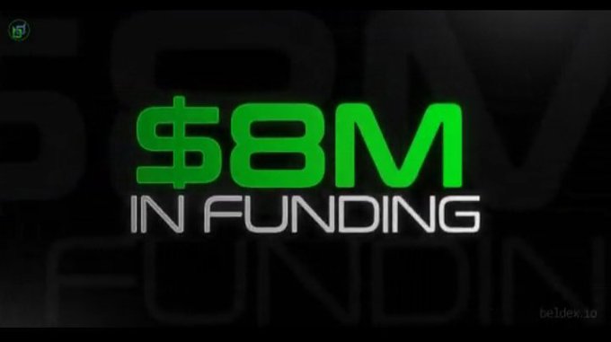 The image displays bold green and white text reading "$8M IN FUNDING" against a dark background, visually emphasizing Beldex's recent $8 million funding achievement led by Sigma VC. The "beldex.io" watermark in the corner ties the announcement directly to the BeldexCoin project, supporting the post's message about accelerating privacy infrastructure for Web3.