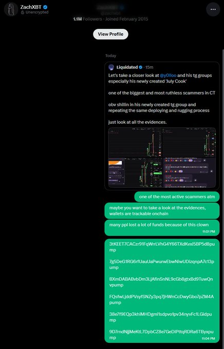 A screenshot of a Telegram post by 'ZachXBT' exposing alleged crypto scammer 'Liquidated,' showing chat messages with on-chain evidence including wallet addresses and screenshots of trading platforms.