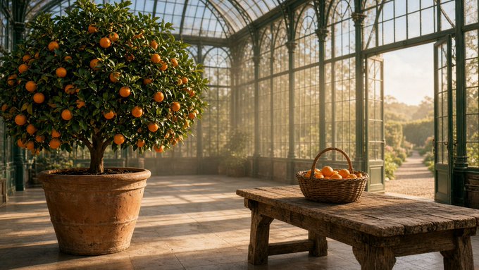 A lush orange tree laden with ripe oranges grows in a large terracotta pot inside a sunlit glass conservatory, with a wooden bench holding a basket of freshly picked oranges nearby.
