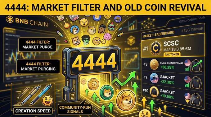 Promotional graphic with the header '4444: MARKET FILTER AND OLD COIN REVIVAL', featuring a large '4444' sign, BNB Chain branding, and a Market Leaderboard listing $CSC as #1 with a market cap of $3,85.6M as a TAX TOKEN, alongside other tokens like GOLD COIN REVIVAL (+35.39%), $JACKET (+22.30%), and $JACKET (+10.98%).