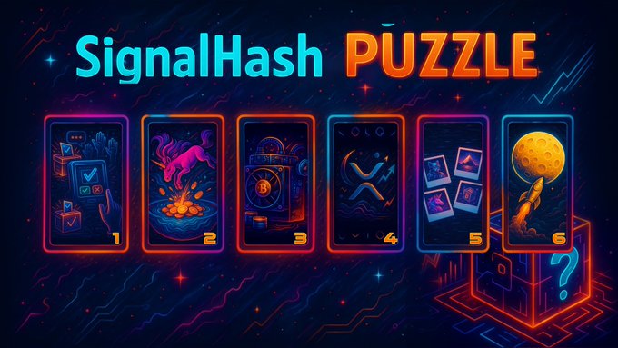 A neon-styled graphic titled 'SignalHash PUZZLE' displaying six numbered card slots with various icons, with a question mark box hovering over the sixth slot.