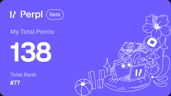 A purple Perpl Beta dashboard card showing 'My Total Points: 138' and 'Total Rank: #77' with white line illustrations of tropical and tech items.