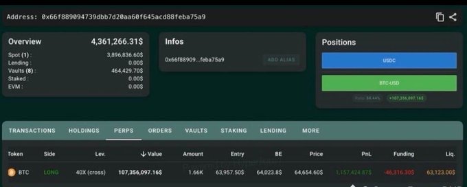 A crypto portfolio dashboard showing an address overview with $4,361,266.31 total value, including holdings in USDC and BTC/USD with a BTC long position of 1.66K.