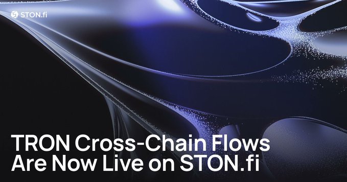 Promotional graphic for STON.fi announcing 'TRON Cross-Chain Flows Are Now Live on STON.fi' with a blue liquid abstract design.