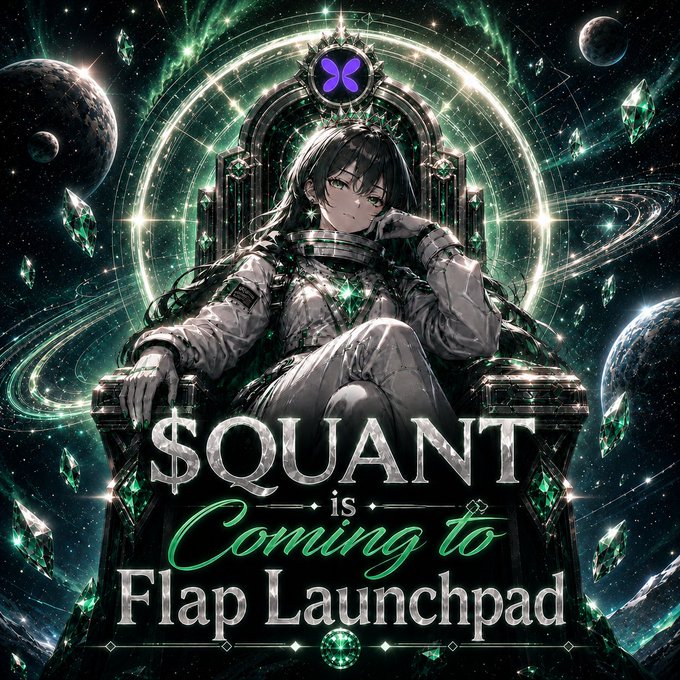 An anime-style promotional graphic announcing '$QUANT is Coming to Flap Launchpad' featuring a dark-haired character on a throne surrounded by a green cosmic background.