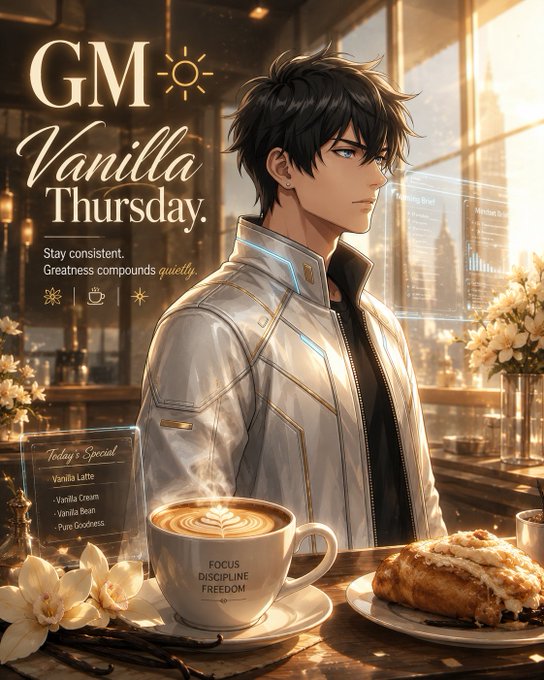 A handsome anime-style character stands by a café window alongside a latte labeled "FOCUS DISCIPLINE FREEDOM," a vanilla latte pastry, and signage reading "GM Vanilla Thursday" with "Today's Special: Vanilla Latte, Vanilla Cream, Vanilla Bean, Pure Goodness." The image visually reinforces the post's message about quiet consistency and discipline, with the character's contemplative pose and the "Focus Discipline Freedom" coffee mug embodying the steady, rewarding nature of showing up each day.