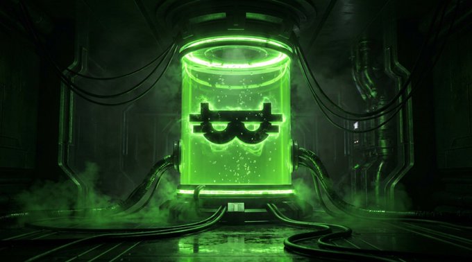 A glowing green cryogenic chamber containing a virtual reality headset suspended in liquid, surrounded by sci-fi cables and mist, visually representing the immersive, futuristic gaming world of Nakamoto Games teased in the morning post.