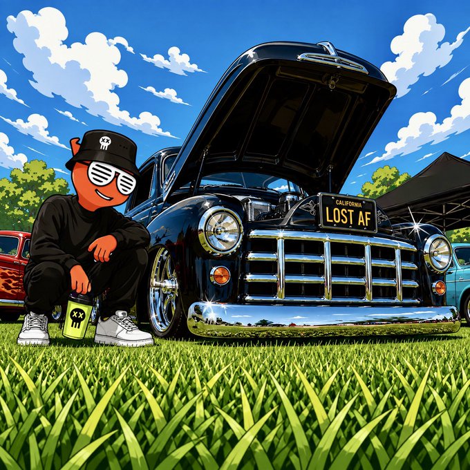 A colorful, stylized cartoon illustration of a black vintage pickup truck with a California license plate reading "LOST AF," parked next to a character in all black wearing a skull hat and novelty sunglasses.