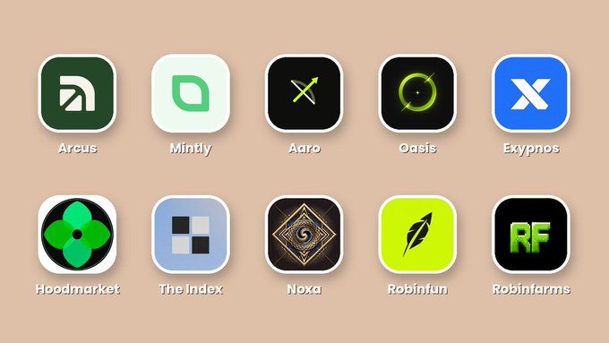 A collection of 10 app icons arranged in two rows on a peach background, featuring crypto-related apps including Arcus, Mintly, Aaro, Oasis, Exypnos, Hoodmarket, The Index, Noxa, Robinfiun, and Robinfarms—likely showcasing projects that have launched on the newly introduced Robinhood Chain.