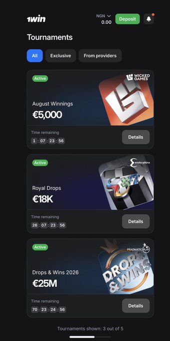 A screenshot from 1win's Tournaments page showing three active tournaments: "August Winnings" with €5,000 prize pool and 1 day remaining, "Royal Drops" featuring Pragmatic Play with €18K prize pool and 26 days remaining, and "Drops & Wins 2026" from Pragmatic Play with €25M prize pool and 70 days remaining. The image visually supports the post by showcasing the variety of high-value crypto tournaments available on the platform, including the massive $25M Drops & Wins event mentioned.