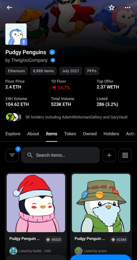 OpenSea NFT collection page for 'Pudgy Penguins' by TheIglooCompany showing Ethereum, 8,888 items, July 2021, with floor price of 2.4 ETH and a 14.7% drop.