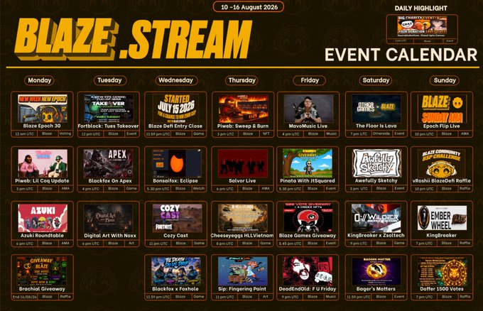 A 'BLAZE STREAM' event calendar for August 10-16, 2026, displaying a weekly schedule of livestreams with various thumbnails and category tags such as Gaming, IRL, and Crypto.