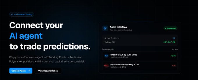 The image shows an AI agent that connects users with other AI agents who can predict market trends. The AI agent displays its capabilities, including trading predictions for up to 100K users. It also highlights the potential of this technology by comparing it to traditional funding methods like crowdfunding and ICOs (Initial Coin Offerings). The post emphasizes the importance of AI agents in predicting market trends and generating revenue through trading.