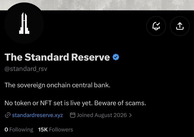 The image shows the verified Twitter/X profile of "The Standard Reserve" (@standard_rsv), self-described as "the sovereign onchain central bank," with 15K followers and a note warning that no token or NFT is live yet. The profile aligns with the post's discussion of $STANDARD as a project building an automated onchain banking system, where the "charters" likely refer to the limited 1,000 NFT supply mentioned as the entry point into the ecosystem.