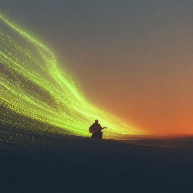 A digital artwork of a silhouetted figure playing a guitar under a large green aurora-like light display with an orange sunset.