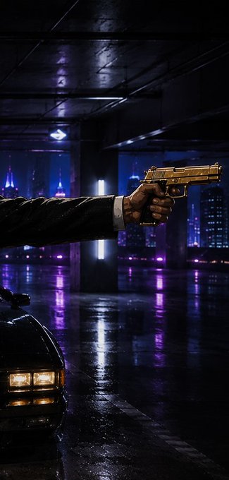 A hand extends from a dark sleeve, gripping a gold-plated pistol in a dimly lit underground parking garage, with a purple-lit city skyline glowing through the openings in the background. The image echoes the post's moody line, capturing the quiet tension between the sleeping city and the impending echo of a gunshot.