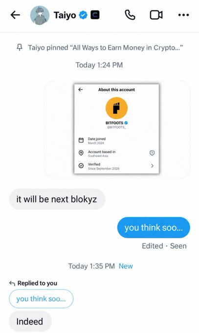 A screenshot of a Telegram chat with 'Taiyo' discussing a pinned message titled 'All Ways to Earn Money in Crypto...' and a BITFOOTS account profile from Southeast Asia.