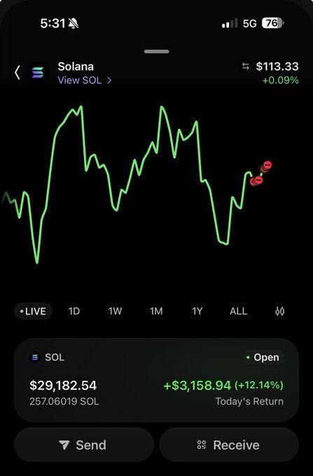 A mobile Robinhood-style portfolio screenshot displays Solana (SOL) trading at $113.33 (+0.09%) with a green intraday price chart marked with bullish red rocket emojis, while the user's holding of 257.06019 SOL shows today's return of +$3,158.94 (+12.14%)—visually reinforcing the post's bullish sentiment about SOL and the conviction of long-term holders.