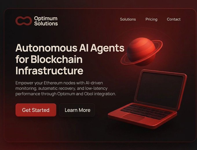 The image is a landing page for "Optimum Solutions" promoting "Autonomous AI Agents for Blockchain Infrastructure," featuring a dark red theme with a planet and laptop graphic, and a "Get Started" call-to-action. It visually supports the post's theme by showcasing how AI agents are being integrated with Ethereum infrastructure through the Optimum and Obol collaboration.
