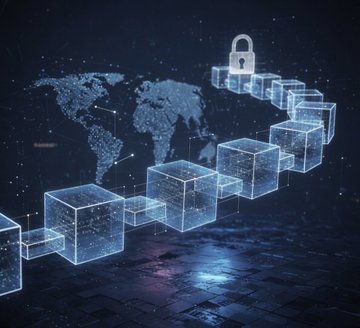 A digital world map backdropped by a chain of glowing blue blockchain cubes ascending toward a padlock symbolizes the rise of secure institutional blockchain infrastructure, visually reinforcing the post's warning that Wall Street's private blockchains—not Strategy's Bitcoin holdings—pose the real threat to BTC's dominance.