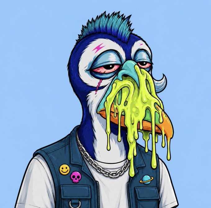 A cartoon "Mutant Puffin" NFT character with a blue mohawk, bloodshot eyes, and dripping green slime from its beak wears a denim vest adorned with smiley face, skull, and planet pins, serving as the artwork for the user's recent mint shared in the post.