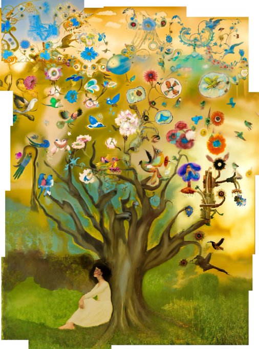 A woman rests at the base of a surreal, dreamlike tree bursting with colorful flowers, birds, butterflies, and floating orbs that blend into a golden sky. The whimsical imagery evokes the boundless, generative creativity celebrated in the post about *Infinite Images* with its endless, fantastical visuals.