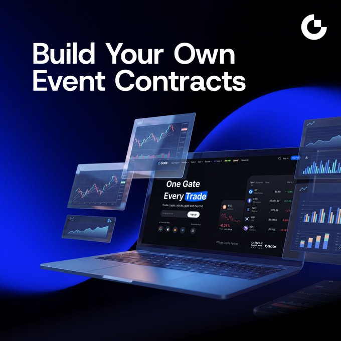 The image features a dark blue promotional graphic with the bold headline "Build Your Own Event Contracts" above a laptop displaying a trading dashboard labeled "One Gate Every Trade" with cryptocurrency charts and market data. The Gate logo appears in the top right corner, and the visual supports the post about Gate's DexBuilder Event Contracts Builder offering infrastructure, liquidity, and up to $3M in grants to launch event contract products quickly.