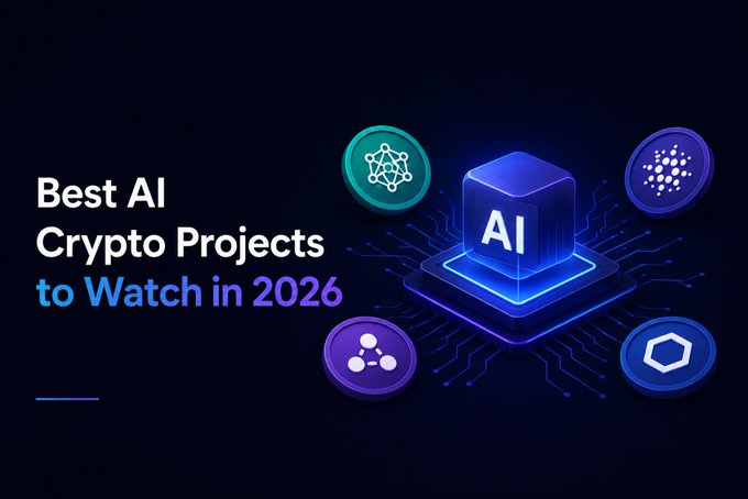The image features a dark blue background with white text that reads "Best AI Crypto Projects to Watch in 2026" at the top, followed by a list of seven projects below. The projects are represented as circles or squares against the blue background, each labeled with their respective names and rankings.