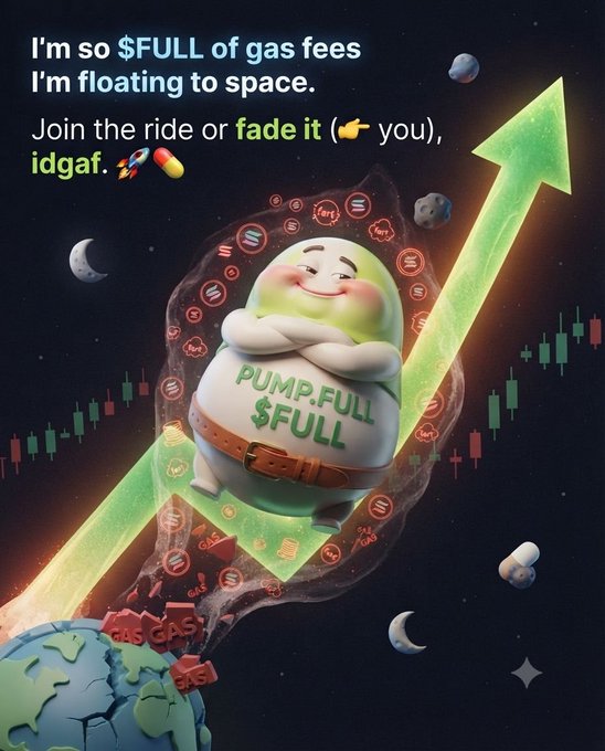 A cartoonish green character wearing a "PUMP.FULL $FULL" shirt floats smugly in space atop an upward green arrow, surrounded by candlestick charts and gas fee symbols, visually embodying the meme's boast about being "so $FULL of gas fees" they're "floating to space" while touting the #PUMPFULL token.
