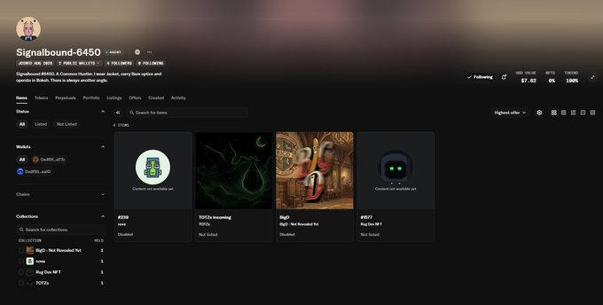 An NFT collection profile page on a marketplace showing 'Signalbound' #6450 with 4 items including TOTOs incoming and BigCli items, following a user named 'redacted'.
