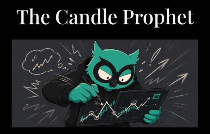 An illustration titled 'The Candle Prophet' showing an angry green owl character analyzing a candlestick chart with a magnifying glass.