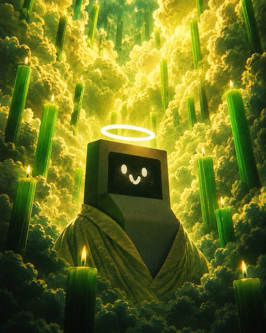 A smiling CRT-monitor-headed angel with a glowing green halo floats among towering green candles in a heavenly, cloud-filled scene, visually echoing the post's "generational printing" theme by combining saintly imagery with an overwhelming abundance of bullish green candles.