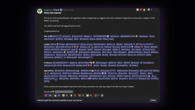 A Discord screenshot from the Blokyz Role Upgrade channel announces a comprehensive role upgrade for supporters across categories like OG, Leader, Crafting, and Apprentice, listing numerous usernames with reactions, while the post "Spot me Blokyz for everyone" highlights community recognition within the server.
