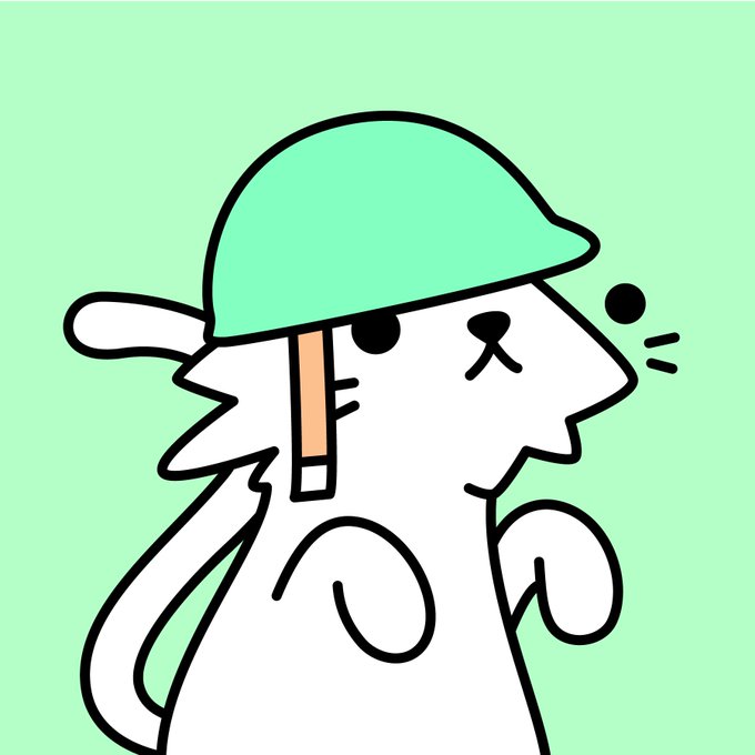 A cartoon illustration of a white dog or cat-like character wearing a green helmet and a backpack strap, walking against a light green background.