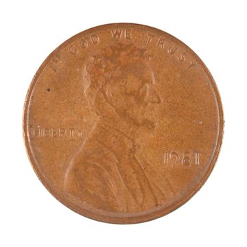 A close-up photograph shows a 1981 US Lincoln penny, displaying Abraham Lincoln's profile, the words 'IN GOD WE TRUST' and 'LIBERTY', and the date '1981'.