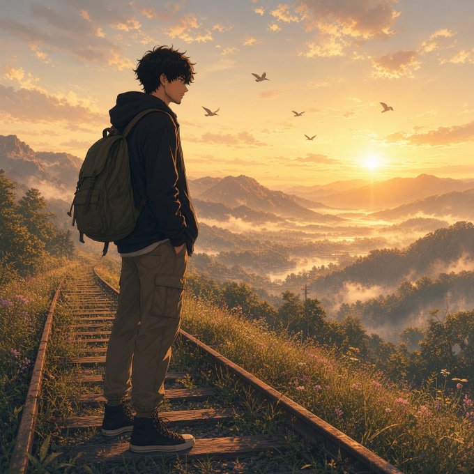 An anime-style illustration depicts a young man with a backpack standing on a wooden path overlooking a mountain valley at sunrise, with birds flying in the distance.