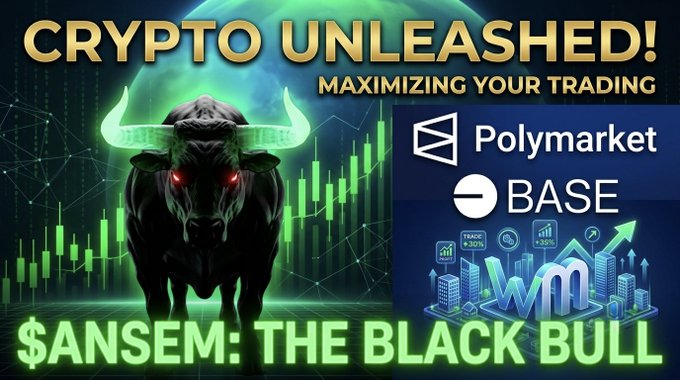 A bold promotional graphic titled "CRYPTO UNLEASHED! MAXIMIZING YOUR TRADING" featuring a fierce black bull with glowing red eyes and green horns set against a green candlestick chart, with logos for Polymarket, BASE, and "WM" displayed alongside the text "$ANSEM: THE BLACK BULL." The imagery visually reinforces the post's celebration of Ansem's bullish trading thesis spanning Base, Polymarket, and builder products like perpetuals and prediction markets.