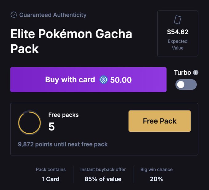 A screenshot of a digital store page for an 'Elite Pokémon Gacha Pack' with a 'Buy with card' price of $50.00, expected value $54.62, and 5 free packs available.