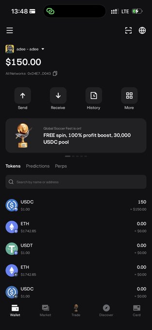 A mobile crypto wallet app screenshot for user 'adee' showing a balance of $150.00, with token holdings including USDC, ETH, USDT, and navigation tabs for Wallet, Market, Trade, Discover, and Card.