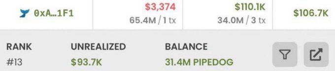 Screenshot of a cryptocurrency tracker showing a wallet '0xA...1F1' with a balance of '31.4M PIPEDOG', rank '#13', and a balance valued at '$93.7K'.