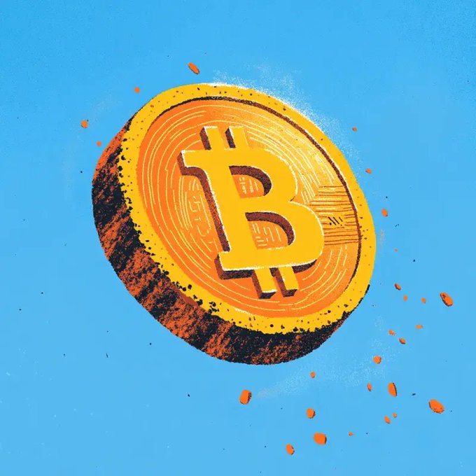 A stylized digital illustration of a golden Bitcoin coin with the ₿ symbol, surrounded by orange paint splatter effects against a solid light blue background.