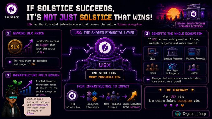 An infographic titled 'IF SOLSTICE SUCCEEDS, IT'S NOT JUST SOLSTICE THAT WINS!' explaining how USX serves as financial infrastructure for the Solana ecosystem, with branding by Crypto__Coop.
