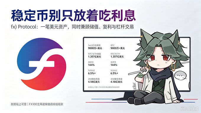 The image shows a promotional graphic for fx Protocol featuring its logo, an anime-style character with green hair, and a monitor displaying f(x)USD data with values like 9000万$ (90M) circulating supply, 1.307亿美元 (130.7M) market cap, 144% collateralization ratio, and 6.5%+ fxSave yield. The Chinese headline "稳定币别只放着吃利息" (Don't just park stablecoins for interest) ties directly to the post's message about rethinking stablecoin utility beyond simple interest earning, positioning f(x) Protocol's integrated model as a more sophisticated approach to stablecoin holdings.